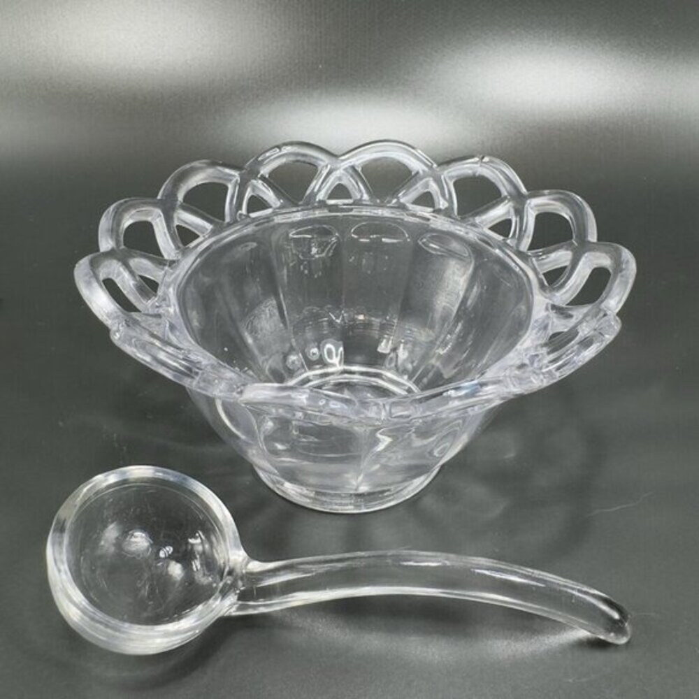 Vintage Imperial Glass Clear Lace Edge Mayonnaise Bowl‎ With Spoon Set Glass VTG